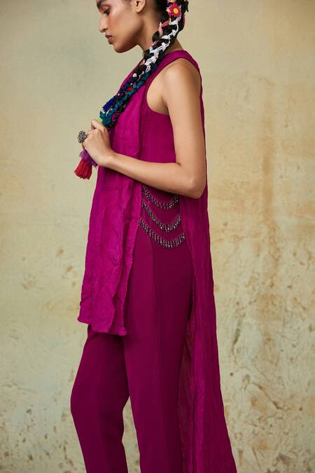 Buy_Style Junkiie_Magenta Silk Embellished Crystals Round Asymmetric Hem Tunic _Online_at_Aza_Fashions