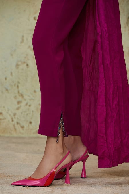 Shop_Style Junkiie_Magenta Heavy Georgette Embellished Beaded Lace Slit Trousers _Online_at_Aza_Fashions