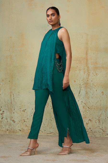 Style Junkiie Green Silk Crystals Round Neck High Low Asymmetrical Tunic Online at Aza Fashions Style Junkiie_Green Silk Crystals Round Neck High Low Asymmetrical Tunic _Online_at_Aza_Fashions