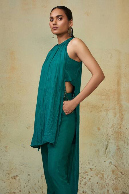 Shop Style Junkiie Green Silk Crystals Round Neck High Low Asymmetrical Tunic Online at Aza Fashions Shop_Style Junkiie_Green Silk Crystals Round Neck High Low Asymmetrical Tunic _Online_at_Aza_Fashions