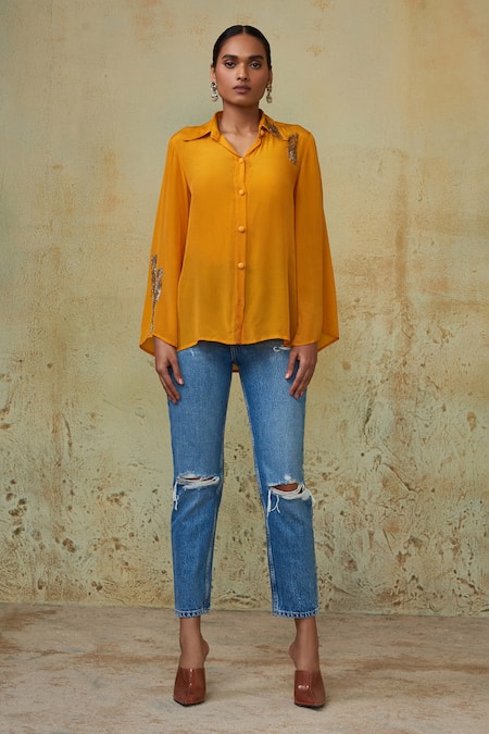 Style Junkiie_Yellow Crepe Cut Work Shawl Neck Embellished Shirt _Online_at_Aza_Fashions