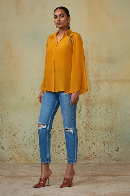 Buy_Style Junkiie_Yellow Crepe Cut Work Shawl Neck Embellished Shirt _Online_at_Aza_Fashions