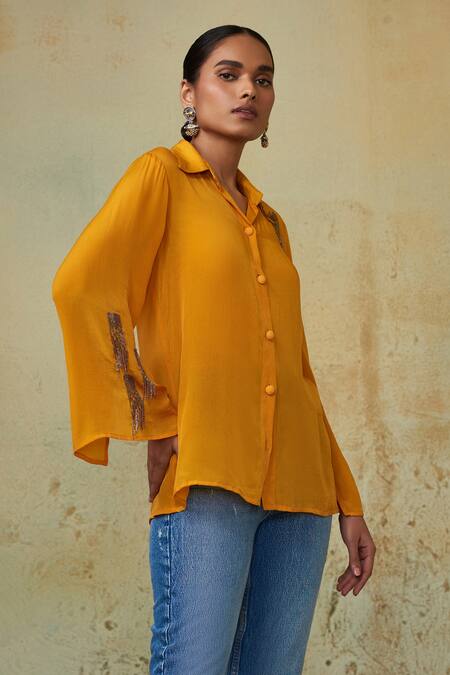 Shop_Style Junkiie_Yellow Crepe Cut Work Shawl Neck Embellished Shirt _Online_at_Aza_Fashions