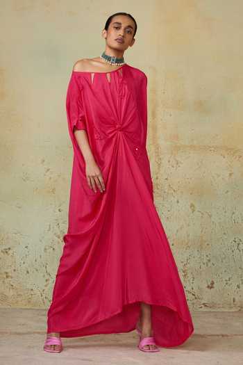 Style Junkiie_Pink Silk Applique Off-shoulder Paisley Embroidered Knotted Kaftan _Online_at_Aza_Fashions
