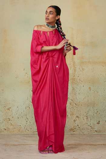 Buy_Style Junkiie_Pink Silk Applique Off-shoulder Paisley Embroidered Knotted Kaftan _Online_at_Aza_Fashions