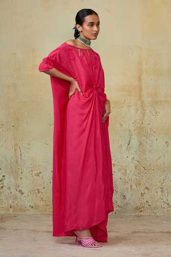 Shop_Style Junkiie_Pink Silk Applique Off-shoulder Paisley Embroidered Knotted Kaftan _Online_at_Aza_Fashions