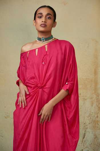 Style Junkiie_Pink Silk Applique Off-shoulder Paisley Embroidered Knotted Kaftan _at_Aza_Fashions