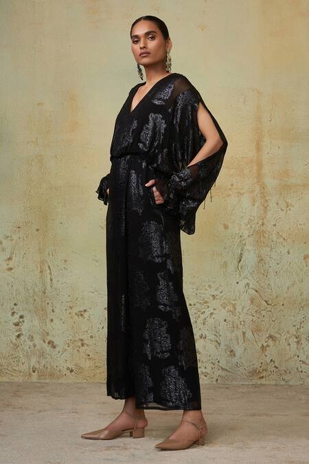 Buy_Style Junkiie_Black Georgette Embroidery V-neck Ruffled Sleeve Jumpsuit _Online_at_Aza_Fashions