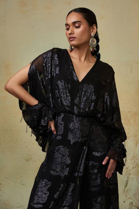 Style Junkiie_Black Georgette Embroidery V-neck Ruffled Sleeve Jumpsuit _at_Aza_Fashions