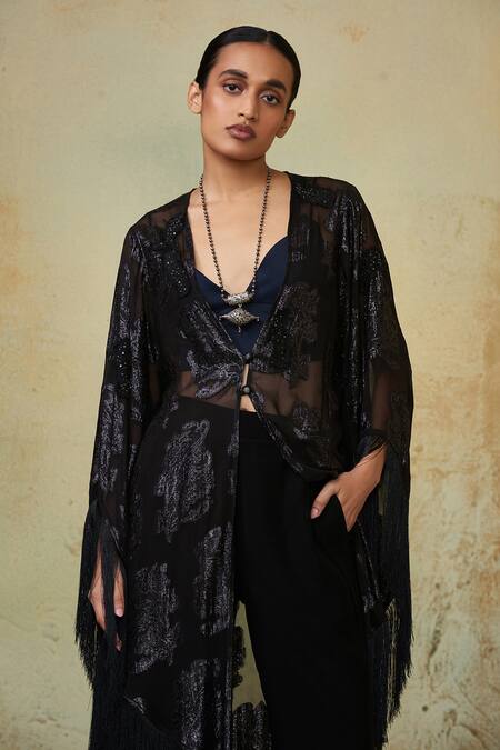 Shop Style Junkiie Black Paisley Patterned Fringed Cape Online at Aza Fashions Shop_Style Junkiie_Black Paisley Patterned Fringed Cape _Online_at_Aza_Fashions