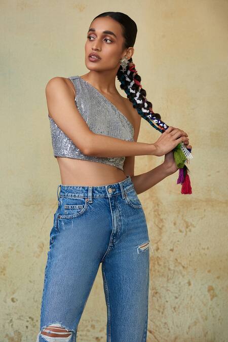 Style Junkiie_Silver Sequinned Embellished One Shoulder Crop Top_Online_at_Aza_Fashions