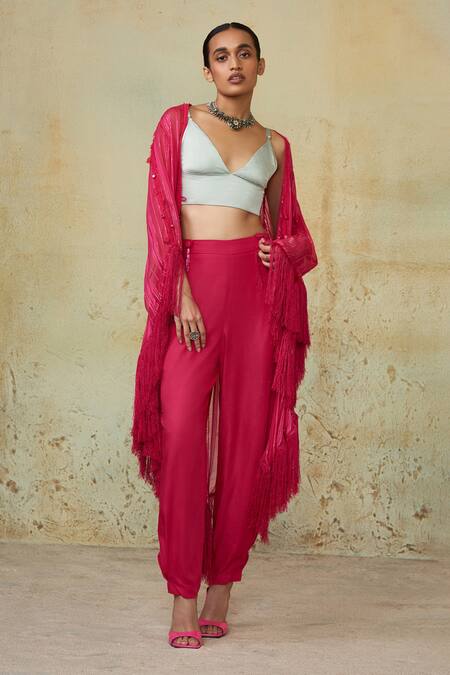 Style Junkiie_Pink Asymmetric Fringed Cape _Online_at_Aza_Fashions
