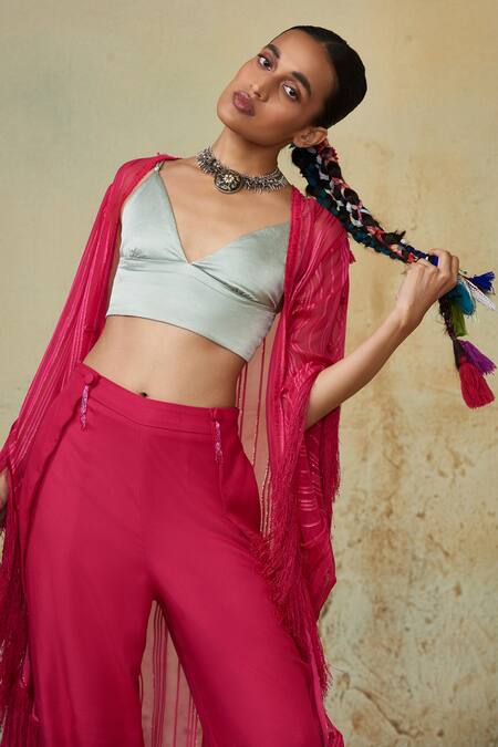 Shop_Style Junkiie_Pink Asymmetric Fringed Cape _Online_at_Aza_Fashions