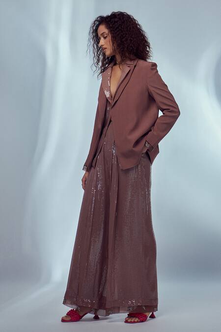 Style Junkiie_Brown Crepe, Organza, Georgette Beads Embroidered Oversized Blazer_Online_at_Aza_Fashions