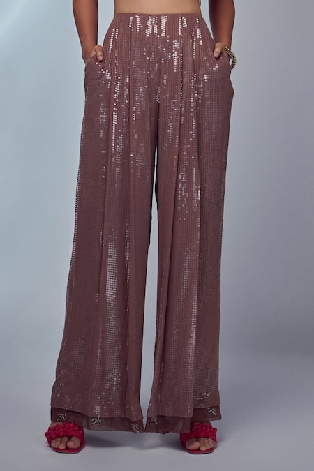 Buy_Style Junkiie_Brown Sequins Georgette Glass Beads Embroidered Flared Pant _Online_at_Aza_Fashions