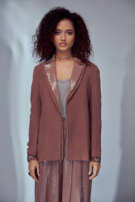 Shop_Style Junkiie_Brown Crepe, Organza, Georgette Beads Embroidered Oversized Blazer_Online_at_Aza_Fashions