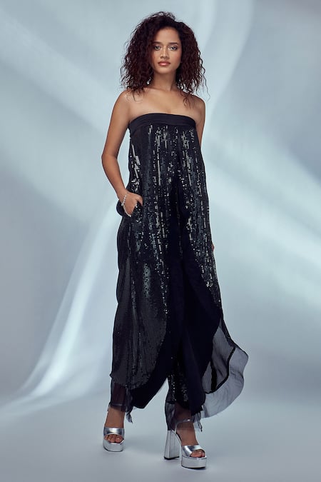 Style Junkiie Black Organza, Satin Sequin And Glass Beads Work Straight Panelled Jumpsuit Online at Aza Fashions Style Junkiie_Black Organza, Satin Sequin And Glass Beads Work Straight Panelled Jumpsuit _Online_at_Aza_Fashions