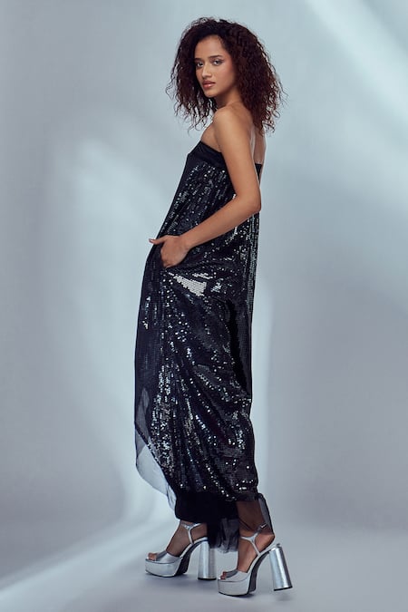 Shop Style Junkiie Black Organza, Satin Sequin And Glass Beads Work Straight Panelled Jumpsuit Online at Aza Fashions Shop_Style Junkiie_Black Organza, Satin Sequin And Glass Beads Work Straight Panelled Jumpsuit _Online_at_Aza_Fashions