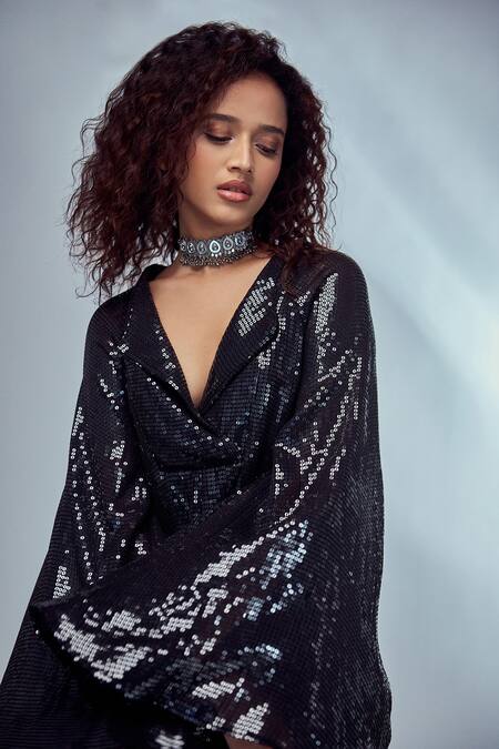 Shop_Style Junkiie_Black Sequence Georgette Sequin Work Plunge V Neck Cape Sleeve Mini Romper_Online_at_Aza_Fashions