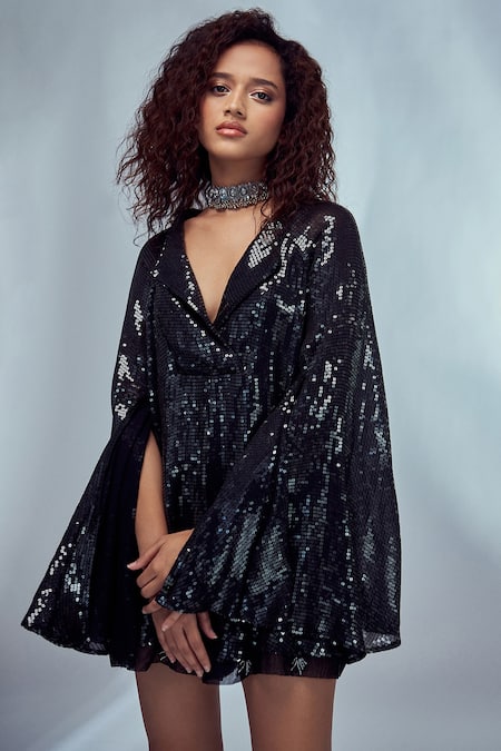 Style Junkiie_Black Sequence Georgette Sequin Work Plunge V Neck Cape Sleeve Mini Romper_at_Aza_Fashions