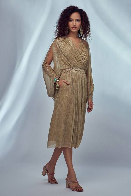 Buy_Style Junkiie_Gold Shimmer Knit Mirror, Tassels V Neck Midi Dress With Tie-up Belt_Online_at_Aza_Fashions