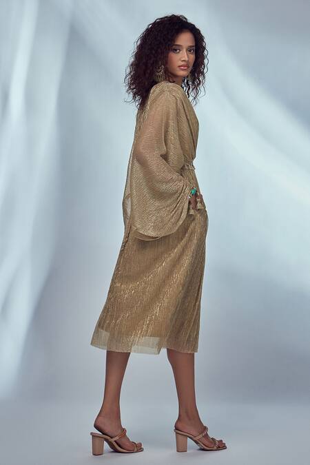 Shop_Style Junkiie_Gold Shimmer Knit Mirror, Tassels V Neck Midi Dress With Tie-up Belt_Online_at_Aza_Fashions