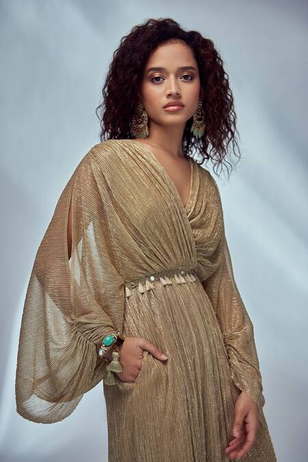 Style Junkiie_Gold Shimmer Knit Mirror, Tassels V Neck Midi Dress With Tie-up Belt_at_Aza_Fashions