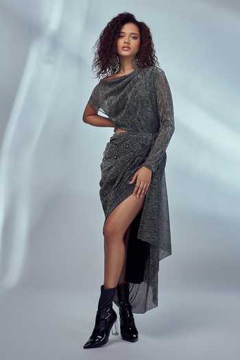 Style Junkiie_Grey Shimmer Knit One Shoulder Asymmetric Sleeve Dress_Online_at_Aza_Fashions