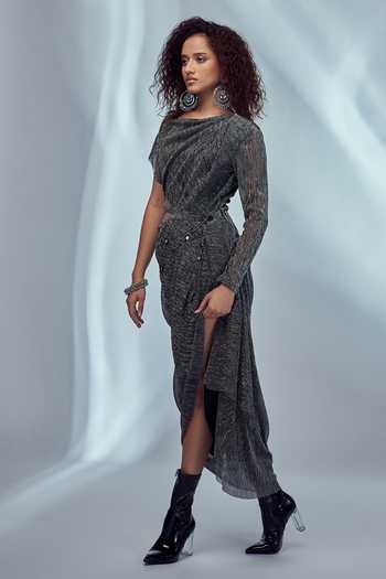 Buy_Style Junkiie_Grey Shimmer Knit One Shoulder Asymmetric Sleeve Dress_Online_at_Aza_Fashions