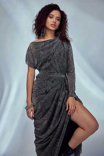 Shop_Style Junkiie_Grey Shimmer Knit One Shoulder Asymmetric Sleeve Dress_Online_at_Aza_Fashions