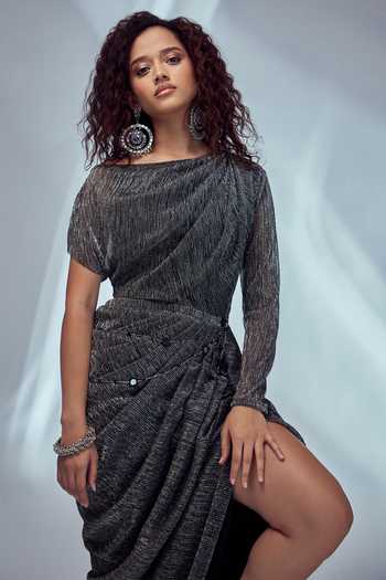 Style Junkiie_Grey Shimmer Knit One Shoulder Asymmetric Sleeve Dress_at_Aza_Fashions
