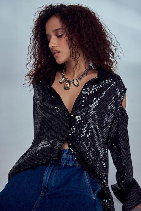 Style Junkiie_Black Georgette Sequin And Glass Beads Work Shirt Collar Cold Shoulder Sleeve_Online_at_Aza_Fashions