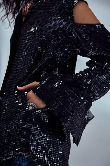 Style Junkiie_Black Georgette Sequin And Glass Beads Work Shirt Collar Cold Shoulder Sleeve_at_Aza_Fashions