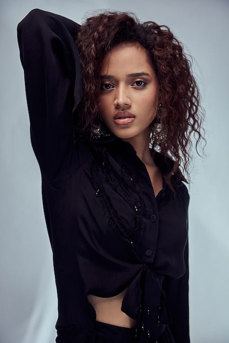 Shop_Style Junkiie_Black Crepe Paisley Pattern Shirt Collar Front Tie-up Draped Dress _Online_at_Aza_Fashions