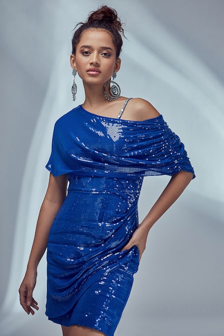 Style Junkiie_Blue Georgette Sequin And Mirror Work One Shoulder Embroidered Draped Dress _at_Aza_Fashions