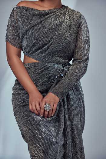 Style Junkiie_Grey Kota Doria V-neck Slit Kimono Dress _at_Aza_Fashions