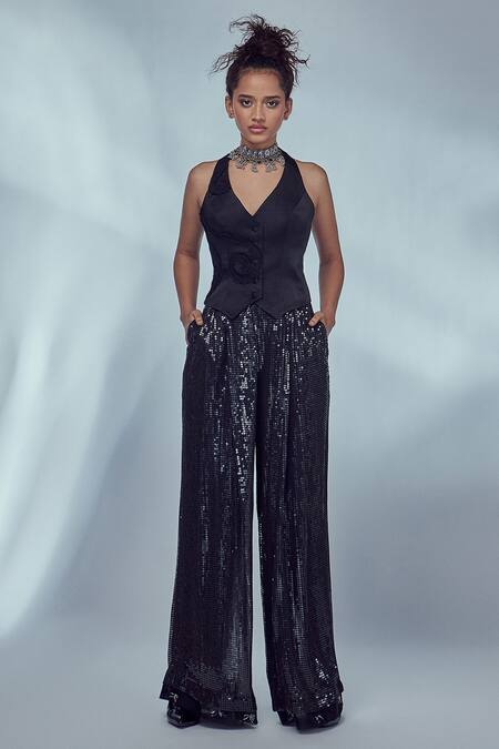 Style Junkiie_Black Satin Paisley Pattern Plunge V Neck Ruched Embroidered Waistcoat_Online_at_Aza_Fashions