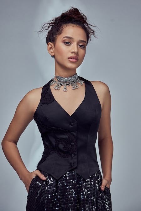 Buy_Style Junkiie_Black Satin Paisley Pattern Plunge V Neck Ruched Embroidered Waistcoat_Online_at_Aza_Fashions