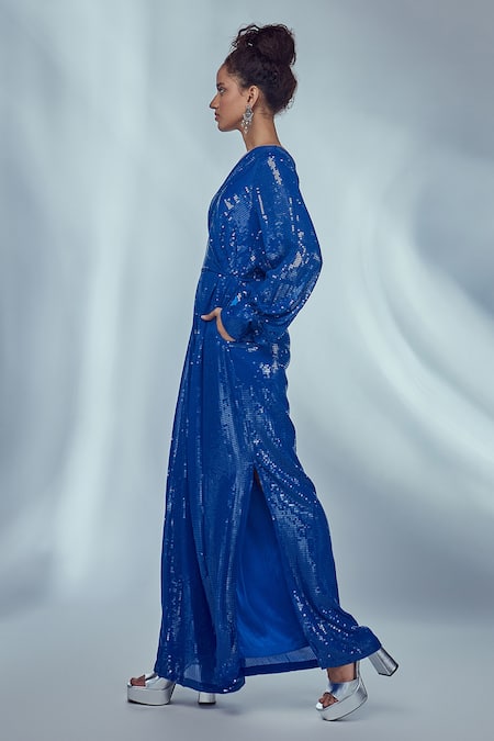 Buy_Style Junkiie_Blue Georgette Embroidered Sequin And Glass Beads Work One Shoulder Neck Jumpsuit _Online_at_Aza_Fashions