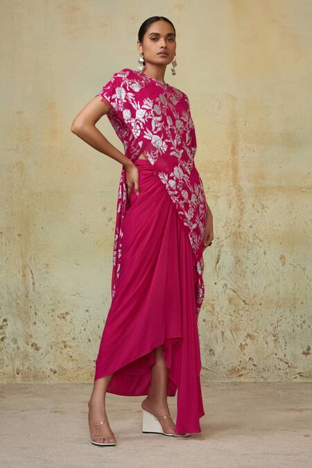 Style Junkiie Pink Georgette High Low Draped Skirt Online at Aza Fashions Style Junkiie_Pink Georgette High Low Draped Skirt _Online_at_Aza_Fashions