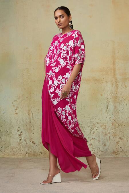 Buy_Style Junkiie_Pink Crepe Embroidery Round Neck Self Floral Vine Tunic _Online_at_Aza_Fashions