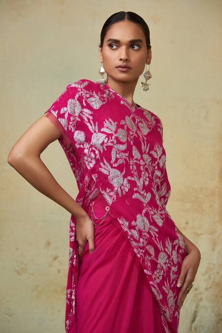 Shop_Style Junkiie_Pink Crepe Embroidery Round Neck Self Floral Vine Tunic _Online_at_Aza_Fashions