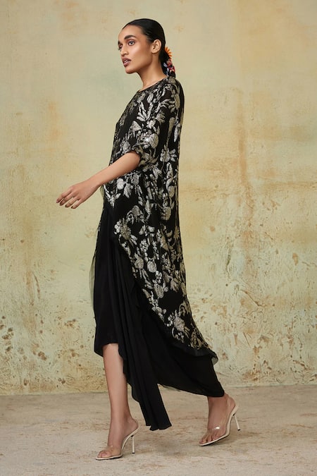 Buy Style Junkiie Black Georgette Embroidery Round Neck Asymmetrical Wrap Tunic Online at Aza Fashions Buy_Style Junkiie_Black Georgette Embroidery Round Neck Asymmetrical Wrap Tunic _Online_at_Aza_Fashions