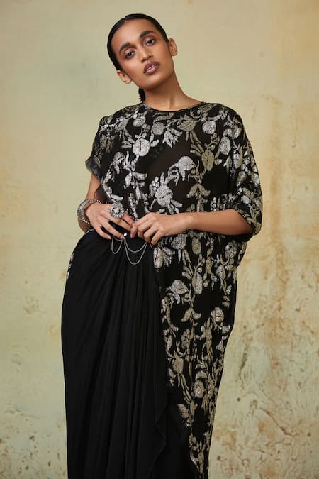 Style Junkiie Black Georgette Embroidery Round Neck Asymmetrical Wrap Tunic at Aza Fashions Style Junkiie_Black Georgette Embroidery Round Neck Asymmetrical Wrap Tunic _at_Aza_Fashions