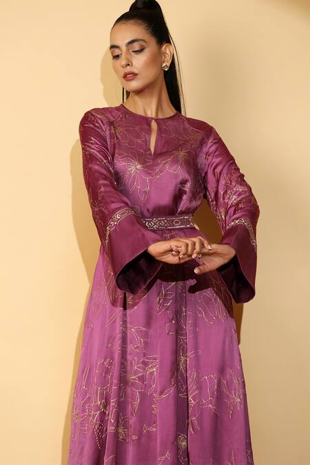 Buy_Madder Much_Purple 65% Cupro 35% Modal Floral, Zari Keyhole Tiffany Print Kaftan_Online_at_Aza_Fashions