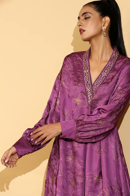 Madder Much Purple 65% Cupro 35% Modal Floral V Neck Printed Kurta And Pant Set Online at Aza Fashions Madder Much_Purple 65% Cupro 35% Modal Floral V Neck Printed Kurta And Pant Set_Online_at_Aza_Fashions
