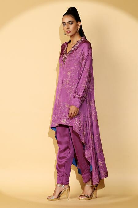 Buy Madder Much Purple 65% Cupro 35% Modal Floral V Neck Printed Kurta And Pant Set Online at Aza Fashions Buy_Madder Much_Purple 65% Cupro 35% Modal Floral V Neck Printed Kurta And Pant Set_Online_at_Aza_Fashions