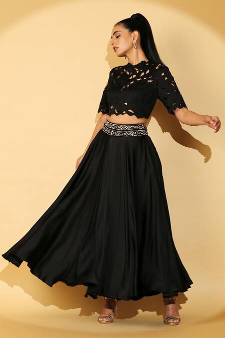 Buy_Madder Much_Black 65% Cupro 35% Modal Round Gloria Cutwork Crop Top And Skirt Set_Online_at_Aza_Fashions