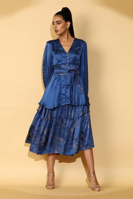 Shop_Madder Much_Blue 65% Cupro 35% Modal Floral, Zari V Neck Samy Shirt And Skirt Set_Online_at_Aza_Fashions