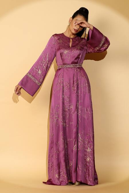 Madder Much_Purple 65% Cupro 35% Modal Floral, Zari Keyhole Tiffany Print Kaftan_at_Aza_Fashions